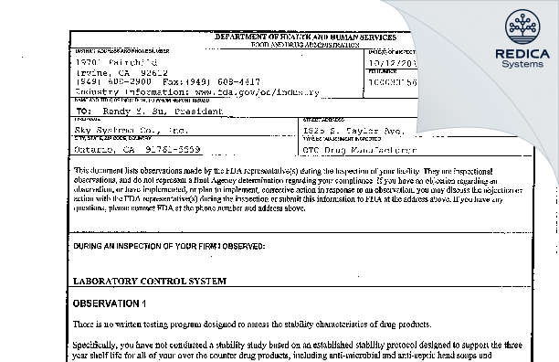 FDA 483 - Sky Systems Co., Inc [California / United States of America] - Download PDF - Redica Systems
