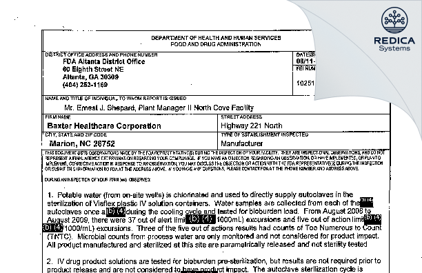 FDA 483 - Baxter Healthcare Corporation [Marion / United States of America] - Download PDF - Redica Systems