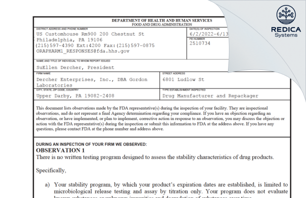 FDA 483 - Dercher Enterprises, Inc., DBA Gordon Laboratories [Upper Darby / United States of America] - Download PDF - Redica Systems