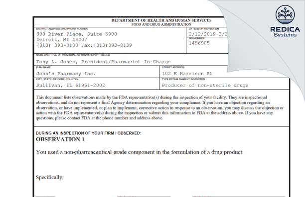 FDA 483 - John's Pharmacy Inc. [Sullivan / United States of America] - Download PDF - Redica Systems