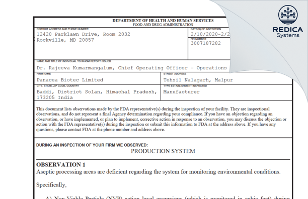 FDA 483 - PANACEA BIOTEC PHARMA LIMITED [India / India] - Download PDF - Redica Systems