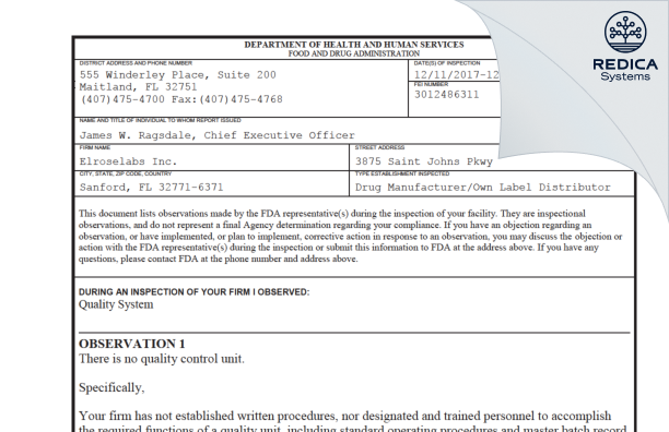 FDA 483 - Elroselabs Inc. [Sanford / United States of America] - Download PDF - Redica Systems