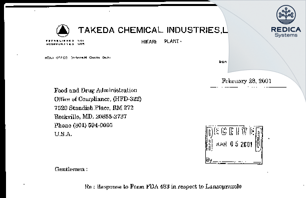 FDA 483 Response - Takeda Pharmaceutical Company Limited [Hikari / Japan] - Download PDF - Redica Systems
