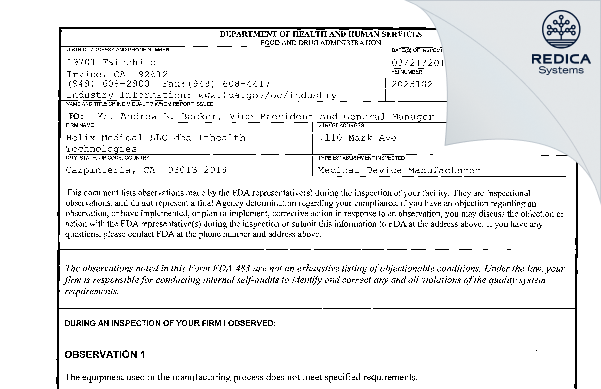 FDA 483 - Freudenberg Medical, LLC [Carpinteria / United States of America] - Download PDF - Redica Systems