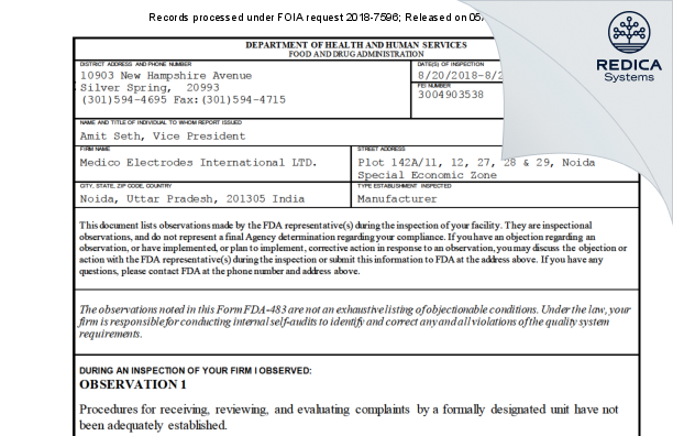 FDA 483 - Medico Electrodes International LTD. [Noida / India] - Download PDF - Redica Systems