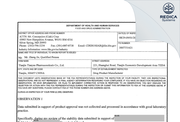 FDA 483 - Tianjin Tianyao Pharmaceuticals Co.,Ltd. [300457 China / China] - Download PDF - Redica Systems