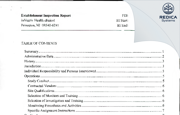 EIR - inVentiv Health clinical [Princeton / United States of America] - Download PDF - Redica Systems