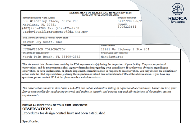 FDA 483 - ULTRAVISION CORPORATION [North Palm Beach / United States of America] - Download PDF - Redica Systems