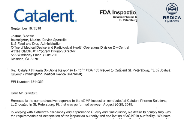 FDA 483 Response - Catalent Pharma Solutions, LLC [St Petersburg / United States of America] - Download PDF - Redica Systems