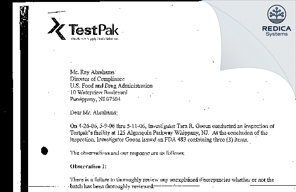 FDA 483 Response - Aphena Pharma Solutions - Tennessee, LLC [Cookeville / United States of America] - Download PDF - Redica Systems