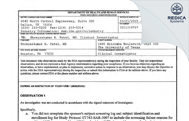 FDA 483 - Shreyaskumar R. Patel, MD [Houston / United States of America] - Download PDF - Redica Systems