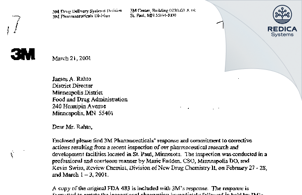 FDA 483 Response - 3M Company [Saint Paul / United States of America] - Download PDF - Redica Systems