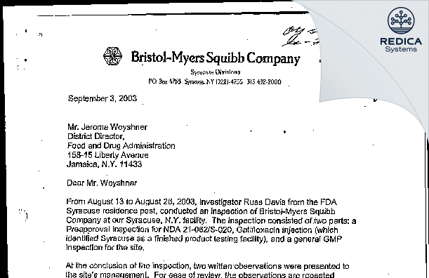 FDA 483 Response - Bristol-Myers Squibb Company [East Syracuse New York / United States of America] - Download PDF - Redica Systems