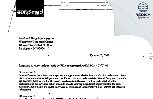FDA 483 Response - EUROMED, INC. [New York / United States of America] - Download PDF - Redica Systems