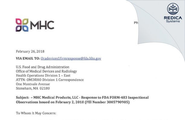 FDA 483 Response - MHC Medical Products LLC [Fairfield / United States of America] - Download PDF - Redica Systems