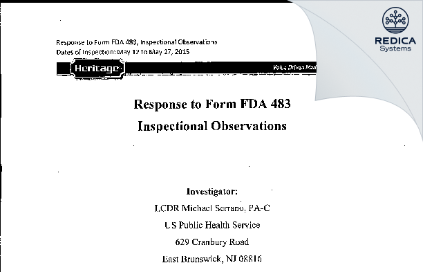 FDA 483 Response - Heritage Pharmaceuticals, Inc. [East Brunswick / United States of America] - Download PDF - Redica Systems
