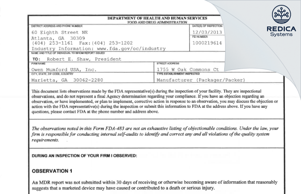 FDA 483 - Owen Mumford USA, Inc. [Marietta / United States of America] - Download PDF - Redica Systems