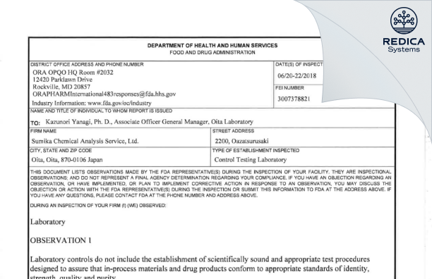 FDA 483 - Sumika Chemical Analysis Service, Ltd. [Oita / Japan] - Download PDF - Redica Systems