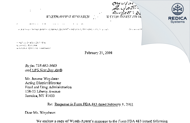 FDA 483 Response - Wyeth Pharmaceuticals Inc., a subsidiary of Pfizer, Inc. [Rouses Point / United States of America] - Download PDF - Redica Systems