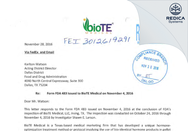 FDA 483 Response - BioTE Medical [Irving / United States of America] - Download PDF - Redica Systems
