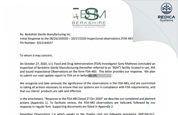 FDA 483 Response - Berkshire Sterile Manufacturing, Inc. [Lee Massachusetts / United States of America] - Download PDF - Redica Systems