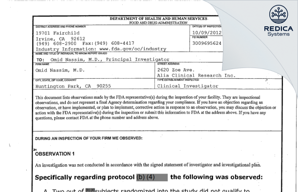 FDA 483 - Omid Nassim, M.D. [Huntington Park / United States of America] - Download PDF - Redica Systems