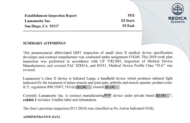 EIR - Lumanosity Inc [San Diego / United States of America] - Download PDF - Redica Systems