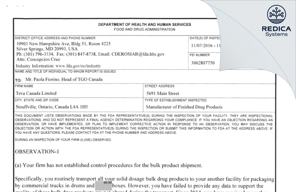 FDA 483 - Teva Canada Limited [Stouffville / Canada] - Download PDF - Redica Systems