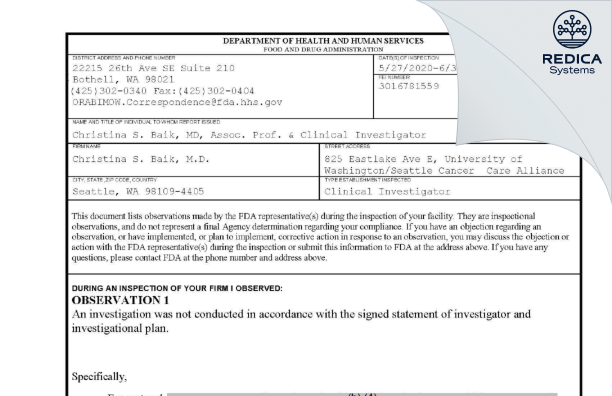 FDA 483 - Christina S. Baik, M.D. [Seattle / United States of America] - Download PDF - Redica Systems