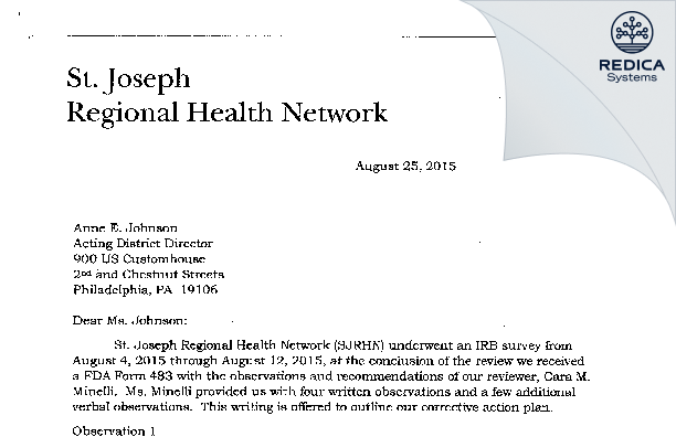 FDA 483 Response - St. Joseph Regional Health Network [Reading / United States of America] - Download PDF - Redica Systems