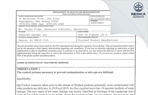 FDA 483 - Aurolife Pharma LLC [Jersey / United States of America] - Download PDF - Redica Systems