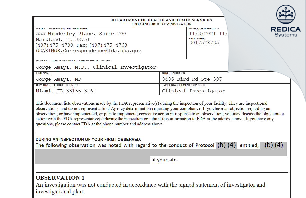 FDA 483 - Jorge Amaya, MD [Miami / United States of America] - Download PDF - Redica Systems