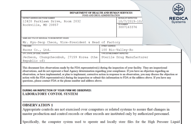 FDA 483 - Huons Co., Ltd. [- / -] - Download PDF - Redica Systems