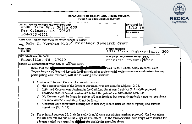 FDA 483 - Wortham, Dale C. MD [Knoxville / United States of America] - Download PDF - Redica Systems