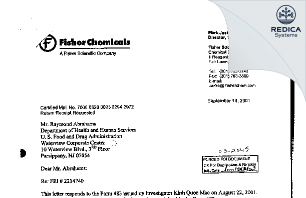 FDA 483 Response - FISHER SCIENTIFIC CHEMICAL DIVISION [Jersey / United States of America] - Download PDF - Redica Systems