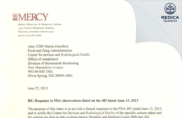 FDA 483 Response - Mercy Hospital Medical Center IRB [Chicago / United States of America] - Download PDF - Redica Systems