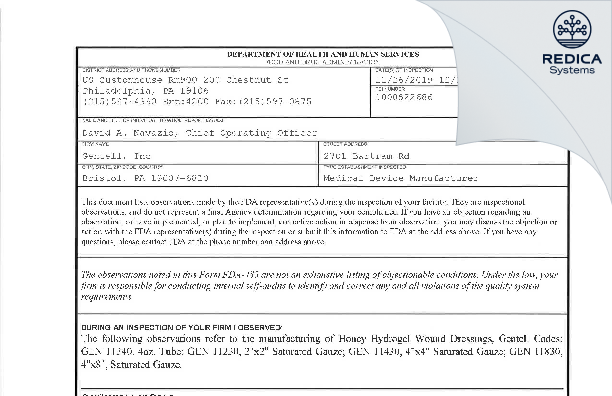 FDA 483 - Gentell, Inc [Bristol / United States of America] - Download PDF - Redica Systems