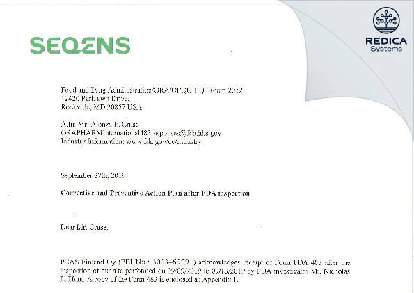 FDA 483 Response - PCAS Finland Oy [Turku / Finland] - Download PDF - Redica Systems
