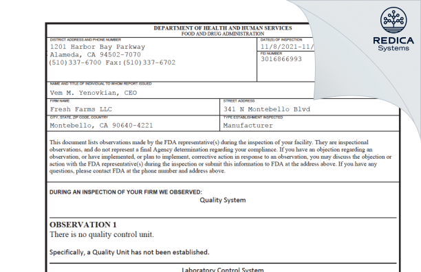 FDA 483 - Fresh Farms LLC [Montebello / United States of America] - Download PDF - Redica Systems