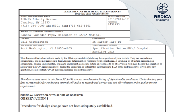FDA 483 - Pall Corporation [Port Washington / United States of America] - Download PDF - Redica Systems