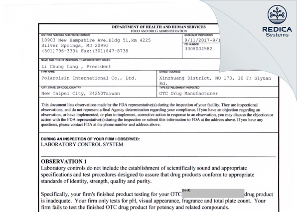 FDA 483 - POLAROISIN INTERNATIONAL CO., LTD. [New Taipei City / Taiwan] - Download PDF - Redica Systems