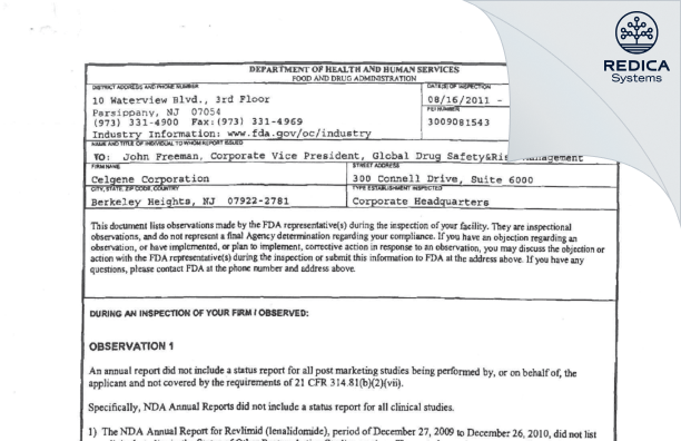 FDA 483 - Celgene Corporation [Berkeley Heights / United States of America] - Download PDF - Redica Systems