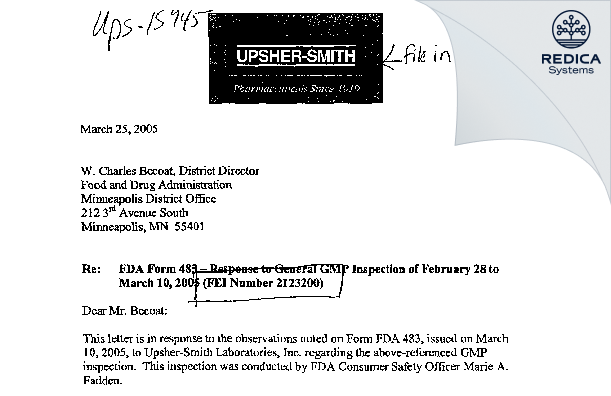 FDA 483 Response - Upsher-Smith Laboratories, LLC [Plymouth / United States of America] - Download PDF - Redica Systems