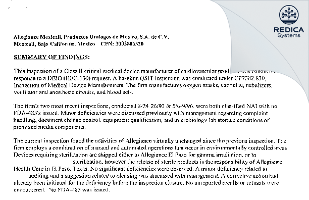 EIR - Allegiance Healthcare [Mexicali / Mexico] - Download PDF - Redica Systems