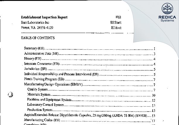 EIR - Barr Laboratories Inc. [Virginia / United States of America] - Download PDF - Redica Systems