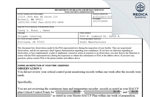 FDA 483 - Origami Catering, LLC [Portland / United States of America] - Download PDF - Redica Systems