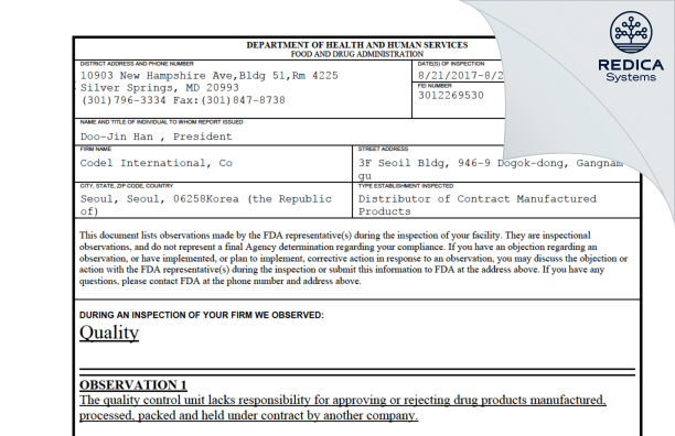 FDA 483 - CODEL INTERNATIONAL CO.,LTD [Korea South / Korea (Republic of)] - Download PDF - Redica Systems