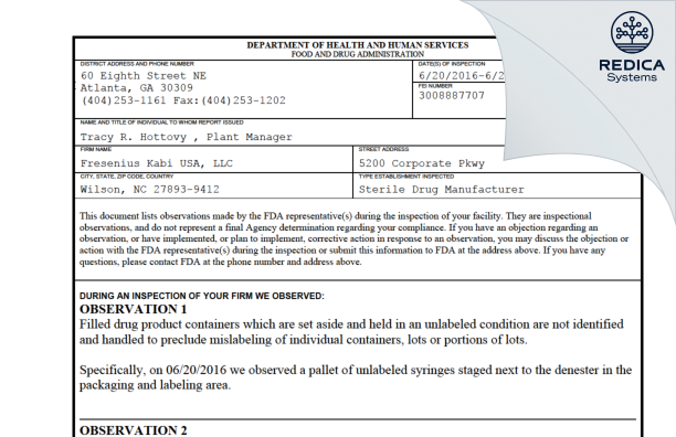 FDA 483 - Fresenius Kabi USA, LLC [Wilson / United States of America] - Download PDF - Redica Systems