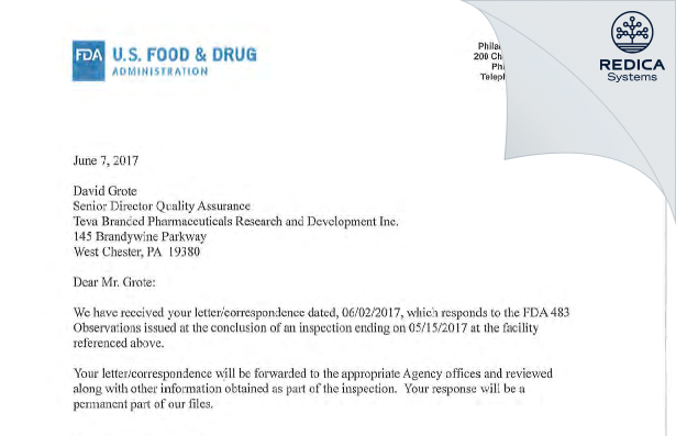 FDA 483 Response - Teva Branded Pharmaceutical Products R&D, Inc. [Chester Pennsylvania / United States of America] - Download PDF - Redica Systems