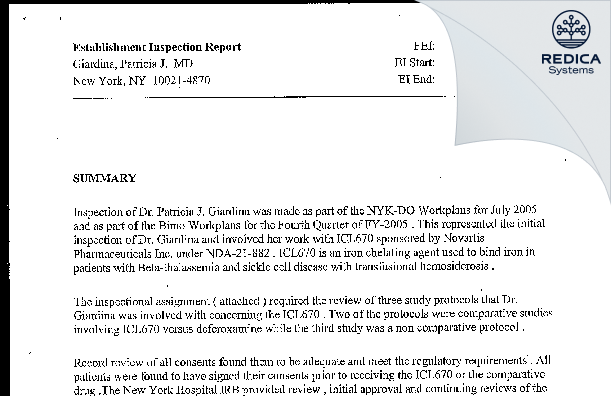 EIR - Giardina, Patricia J. MD [New York / United States of America] - Download PDF - Redica Systems